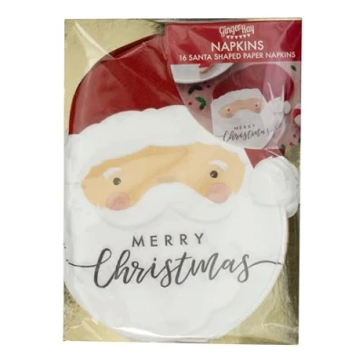 Image of Ginger Ray Santa Shaped Merry Christmas Paper Party Decorative Napkins 16 Pack , White