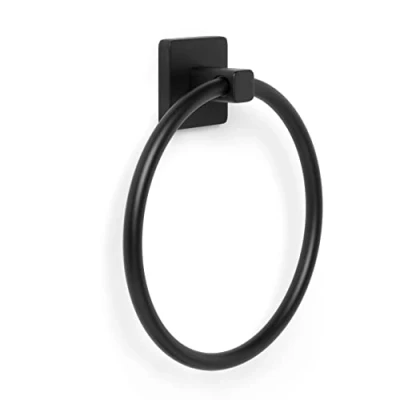 Image of TATAY Round Towel Ring, from the NERO bathroom accessories collection, Stainless Steel and Zamak, Double Fixing System with Screws Glu fix, Resists up to 10Kg, Black 19,5 x 5 22 cm