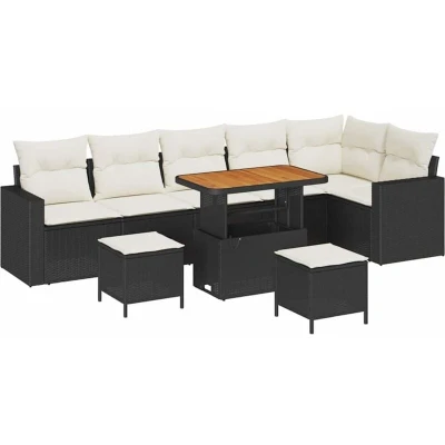 Image of vidaXL 9 Piece Garden Sofa Set with Cushions Black Poly Rattan Acacia