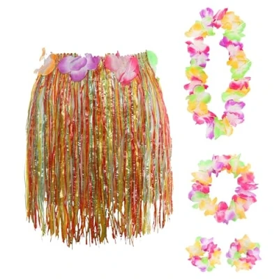 Image of Multicoloured Hawaiian Set Fancy Dress Costume Kit Coloured 40cm Short Hula Skirt + Flower Lei Necklace Pair of Bracelets Headband 5 Piece Hawaii Grass Luau