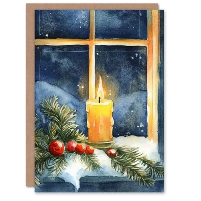 Image of Artery8 Pillar Candle Holly Pine Window Snow Blank For Him Or Her Art Xmas Festive Christmas Card
