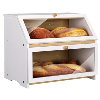 Image of Leader Accessories Double Decker Bamboo Bread Bin 2 Layer Box Large Capacity Storage for Kitchen 15.3&quot;x9.8&quot;x12.6&quot; White