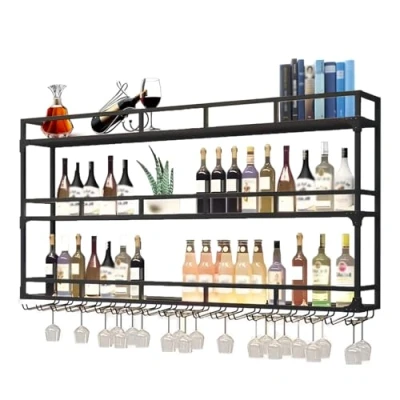 Image of Wall Mounted Wine Rack, Metal Rack Mounted, Large Liquor Bar Display Shelf, Unit Floating Shelves, Iron Stand Holder for Cafe Home Kitchen (BLACK, 100*25*90CM)