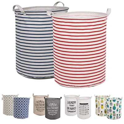 Image of LessMo 2Pcs 19.7&quot; Laundry Hamper, Collapsible Storage Basket With Easy Carry Handles, Waterproof Round Cotton Linen, for Baby Products, Toys, Bedroom Hamper (STRIPS, Thickened 19.7&quot;/Large)