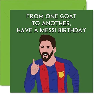 Image of Funny Birthday Cards for Men The Goat Messi Football Footy Happy Card Friend Dad Brother Son Nephew Cousin Uncle Grandad, 145mm x Joke Humour Banter Bday Greeting