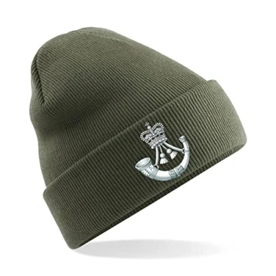 Image of PSave The Rifles Insignia Mens Premium Embroidered Beanie Hat, Bob Hat British Army Military (Military Green)