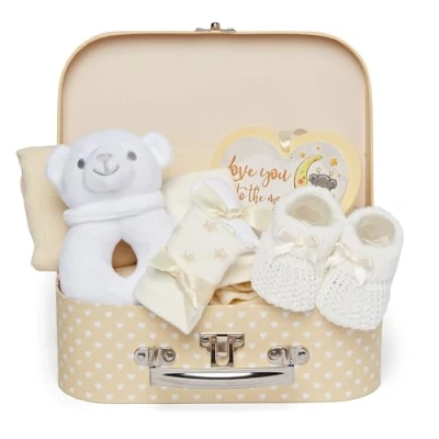 Image of Baby Box Shop 7 Newborn Gifts Perfect for Gender Reveal &amp; Shower Includes Essentials Unisex with Rattle in Cute Keepsake Case, Gift Hamper