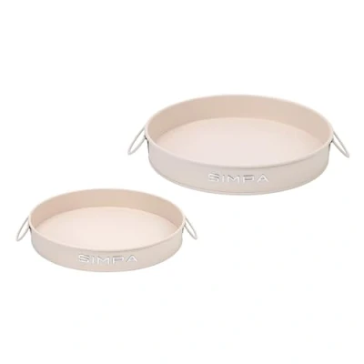 Image of simpa Round 2PC Metal Colour Serving Trays Set with Handles, 30cm &amp; 25cm Diameter Matt Cream