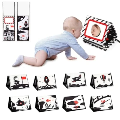 Image of Oaygat Baby Tummy Time Mirror Toy Soft Book Newborn High Contrast Black and White Sensory Flip Floor Tos for 0 6 Months