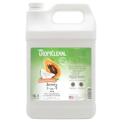 Image of TropiClean Dog Shampoo Grooming Supplies Luxury 2 in 1 &amp; Conditioner and Cat Derived from Natural Ingredients Used by Groomers Papaya Coconut, 3.8L