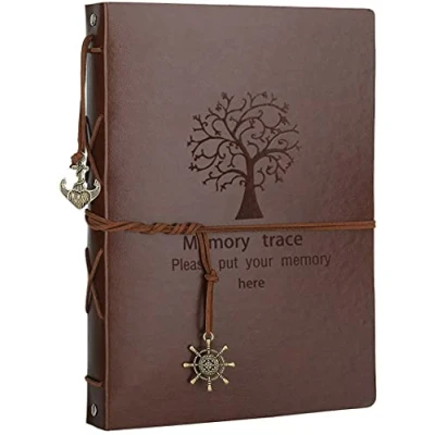 Image of Photo Album Scrapbook AIOR Vintage Leather Wedding Guest Book, Refillable Black Pages Planner, Gifts for Bride and Groom Anniversary Presents Couple (Tree)