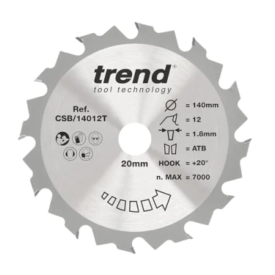 Image of Trend Wood Cordless Circular Saw Blade, 140mm Diameter, 20mm Bore, 12 Teeth, 1.8mm Kerf, +20 Hook, TCT, Coarse Finish, CSB/14012T