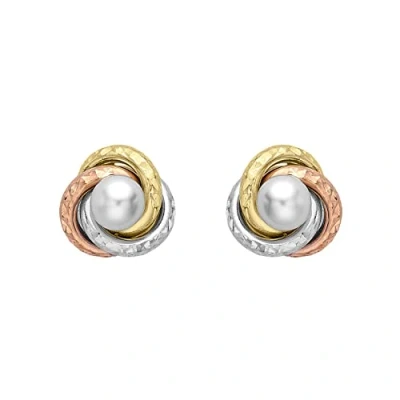 Image of Carissima Gold Women&#039;s 9 ct 3 Colour mm Diamond Cut Knot and Pearl Stud Earrings