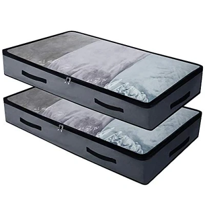 Image of Amonsen 2 Pcs Shallow Soft Underbed Storage Bags with 14cm High &amp; Clear Zippered Cover, Dustproof Durable Material, Thin Under Bed Organizer