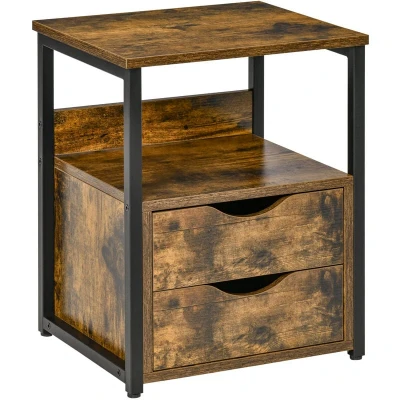 Image of HOMCOM Industrial Side Table with Drawer, Sofa Table, Bedside Cabinet Storage Shelf, Slim Nightstand for Living Room, Bedroom, Rustic Brown