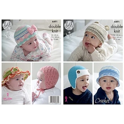 Image of King Cole 4491 Crochet Pattern Crocheted Baby Hats in Cherish and Cherished DK by