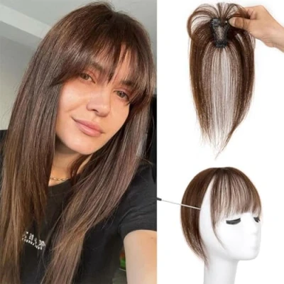 Image of Clip in Fringe Bangs 360 3D Cover 100% Real Human Hair Toppers with Bangs，Brown pieces on for Women Fake Daily Wear