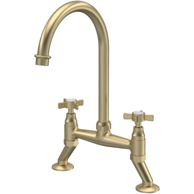 Image of nuie KB806 Kitchen Taps Traditional Bridge Mixer Tap with Crosshead Handles, 237mm, Brushed Brass