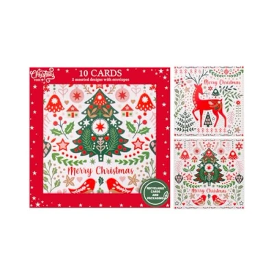 Image of RSW Pack of 10 Assorted Christmas Cards 2 Merry Designs Scandi Themed Stylish Eco Friendly Packaging 100% Recyclable