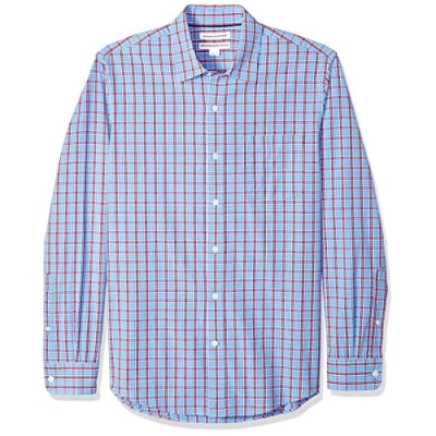 Image of Amazon Essentials Men&#039;s Slim Fit Long Sleeve Poplin Shirt, Blue Plaid/Red, S
