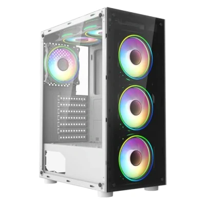 Image of CiT Mirage White Mid Tower PC Gaming Case ATX with 2 x Tempered Glass Panels 30% Tint Side Window 4 Infinity 120mm ARGB Dual Ring Fans &amp; 6 Port Hub Included