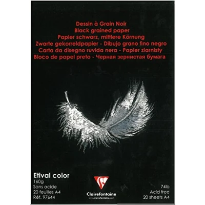 Image of Clairefontaine Ref 97644C Etival Colour Black Grained Glued Paper Pad (20 Sheets of Paper) A4 (29.7 x 21cm) 160gsm Cellulose Art Paper, Texture