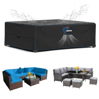 Image of SIRUITON 242x162x100cm Garden Furniture Cover, Patio Table Cover with Air Vent Waterproof, Windproof, Anti UV, Heavy Duty 420D Oxford Fabric, Rectangular Black