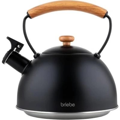 Image of briebe Nordic Whistling Induction Teapot 2.3L, Infusions, Stainless Steel Water Boiler, All Types of Cookers, Ceramic Hob, Gas, Cold Touch Wood Handle, Tea Pot, Black