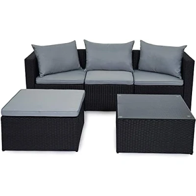 Image of EVRE Malaga Black Rattan Garden Outdoor Furniture Wicker Set 4 Seat Corner Sofa Couch Footstool Glass Top Table with Cushions for Patios Conservatories Gardens Weatherproof Cover