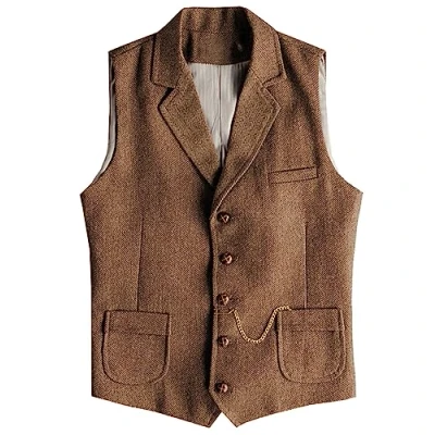 Image of AeoTeokey Men&#039;s Western Herringbone Tweed Suit Vest Wool Slim Fit Waistcoat (Brown,S)