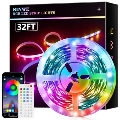 Image of SINWE Led Lights for Bedroom 10M, Music Sync Strip with 44 Keys Remote and App Control, Color Changing RGB Room Home Kitchen Party Christmas Decoration (32.8FT)