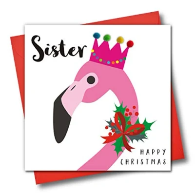 Image of Embellished Christmas Greeting Card, Happy Sister, Flamingo