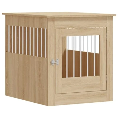 Image of vidaXL Dog Crate Furniture Sonoma Oak Engineered Wood Doubles as End Table 64.5x80x71 cm Lockable Door &amp; Ventilated Steel Wire Windows