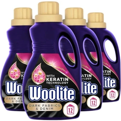 Image of Woolite Liquid Laundry Detergent, 750ml, Pack of 4, For Dark Fabrics &amp; Denim, Hand Machine Wash, Revives Colours Prevents Dulling, 48 Washes