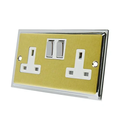 Image of Slimline Duo Satin Brass Polished Chrome 2 Gang Socket White Insert Metal Rocker Switches 13 Amp Double Plug