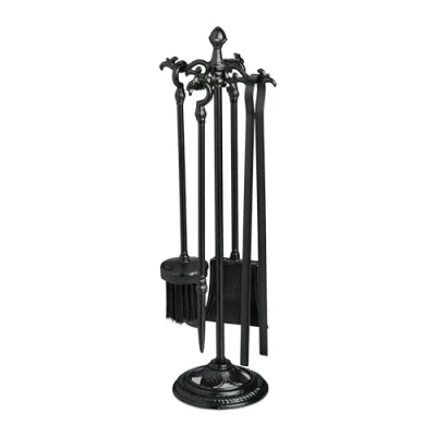 Image of Relaxdays Fireplace Tool Set, 5 pieces, Poker, Ash Shovel, Stove Broom, Tongs &amp; Stand, Fire Place Accessories, Black, Steel, 110 x 69 32 cm