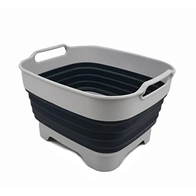 Image of SAMMART 9L Collapsible Dishpan with Draining Plug Foldable Washing Basin Portable Dish Tub Space Saving Kitchen Storage Tray (Grey/Slate Grey, 1)