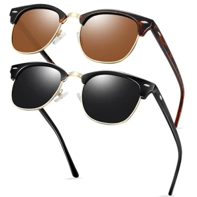 Image of KANASTAL 2 Pack Tortoise Brown Sunglasses Semi Rimless Polarised for Men Women Square Retro Horn Rimmed UV Protection Tortoiseshell + Shiny Black