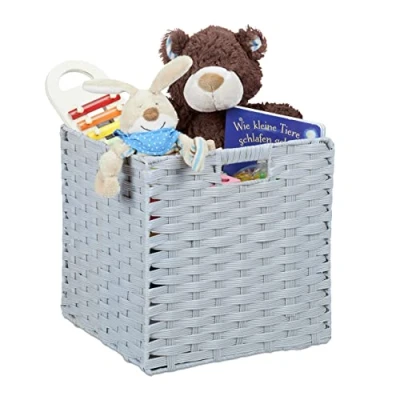 Image of Relaxdays Storage Basket, Square PP Bathroom Organiser Box, Wicker Look Shelf Bin, 31x32x30 cm, Grey