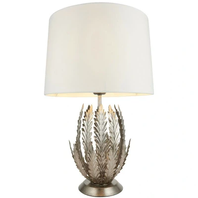 Image of Delphine Decorative Silver Layered Leaf Table Lamp with Ivory Fabric Shades