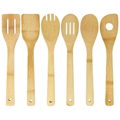 Image of Joeji&#039;s Kitchen 6 Bamboo Wooden Utensils for Cooking, Resistant &amp; Stylish Utensils: Spoon, Spatula, Slotted Spork, Spatula with Hole