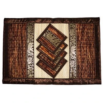 Image of Hand Woven Wicker Reed Placemats and Coaster Set Alternative to Plastic Heat Resistant Thai Style Durable Clean Perfect for Dining Table Décor of 4 (Large T2 Brown)