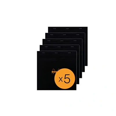 Image of RHODIA 210209C Stapled Notepad N210 Black 21x21 cm Small Squares 80 Detachable Sheets White Clairefontaine Paper g/m² Coated Card Cover Pack of 5 pads