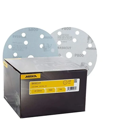 Image of Mirka Basecut Hook&#039;N&#039;Loop HookIt 150mm / 6&quot; Sanding Discs Box 100 Abrasive P800 Grit Super Fine Automotive Refinishing Sandpaper 15 Hole Vacuum Dust Extraction System