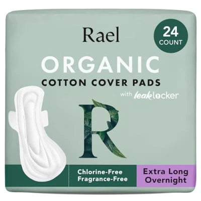 Image of Rael Pads for Women, Organic Cotton Cover Ultimate Absorbency, Feminine Care, Ultra Thin, Sanitary Napkins with Wings, Unscented (Extra Long Overnight, 24 Count)