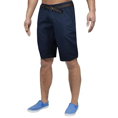 Image of True Face Men Shorts Stretchable Chino Cotton Slim Fit Zip Fly Summer Half Pants with Belt Casual Knee Length Bottoms Pockets Navy 40