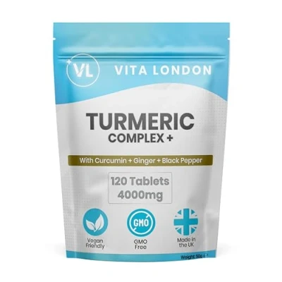 Image of Turmeric Tablets 4000mg with Circumin, Black Pepper &amp; Ginger 120 High Strength (Not Capsules or Powder) 2 Month Daily Supply Vegan Supplement Made in UK