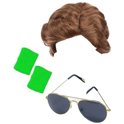 Image of Mega_Jumble® Mens 80&#039;s Used Car Salesman George Michael Wham Retro Fancy Dress Brown/Blonde Wig, Green Wristbands, Sunglasses Stag Night Out &amp; Themed Party Kit