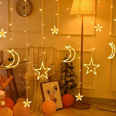 Image of Led Star Moon Curtain Lights, Ramadan String 3.5M Lights with 2 Different Modes, Decoration for Home Indoor Christmas Wedding Holiday Decor (Warm White)