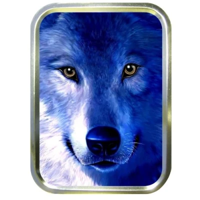 Image of BLUE WOLF 2oz GOLD TOBACCO TIN,BACCY TIN,PILL TIN,FISHING TIN,SEWING TIN